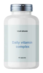 Labelled capsule bottle, white with metallic cap