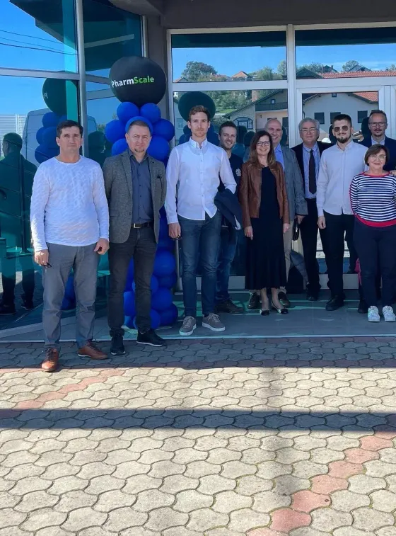 The PharmScale opening day group photo, team, advisors and guests outside the Srebrenik facility